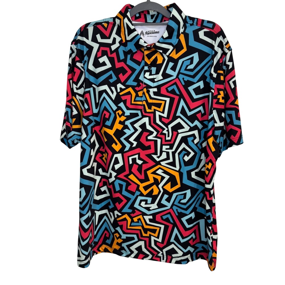 Royal & Awesome Polo Geometric Zig Zag Multi-Color XL WD 22294 Retro Golf Shirt